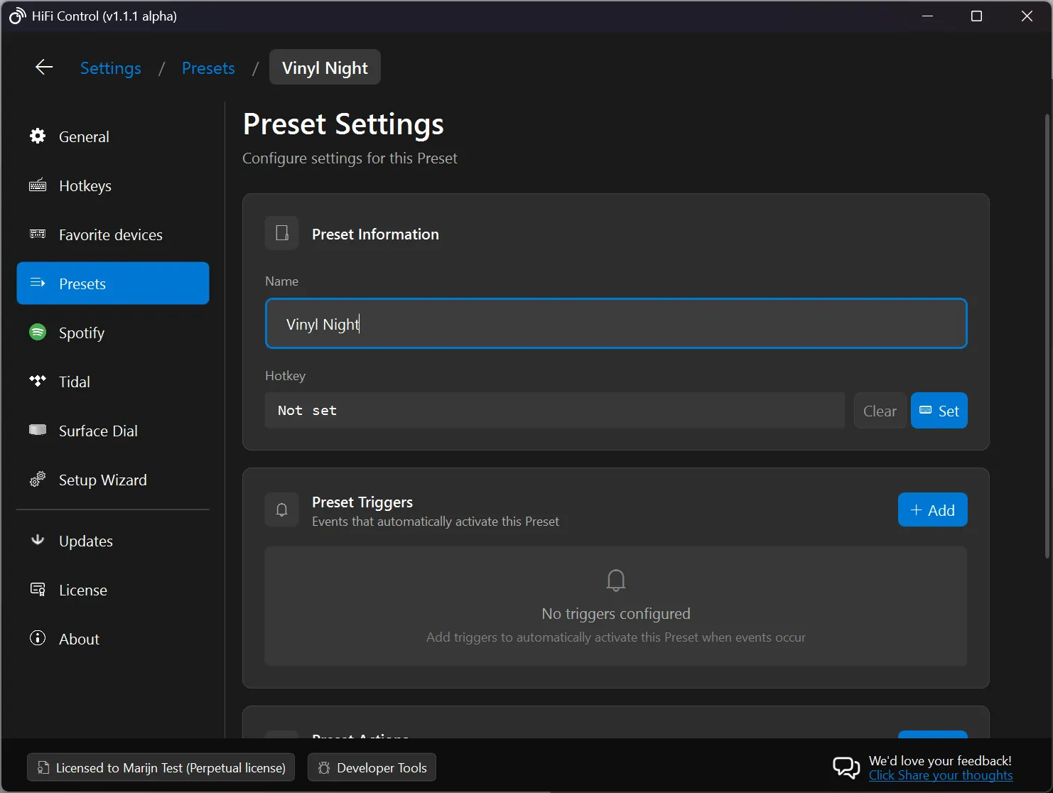 Preset name field