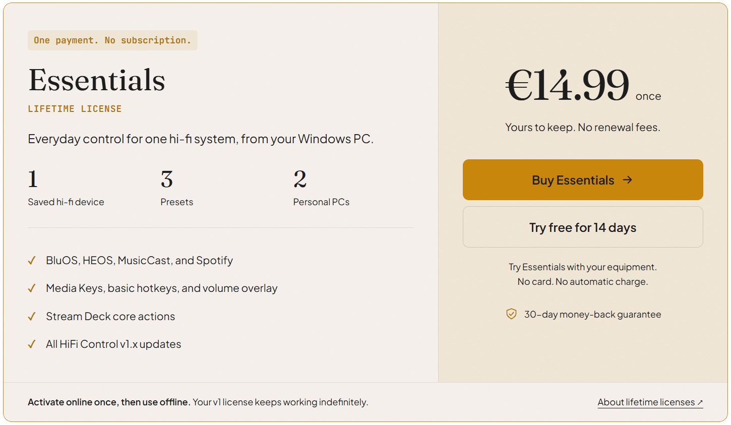 Essentials lifetime license: €14.99 once for one saved hi-fi device, three presets, and two personal PCs.